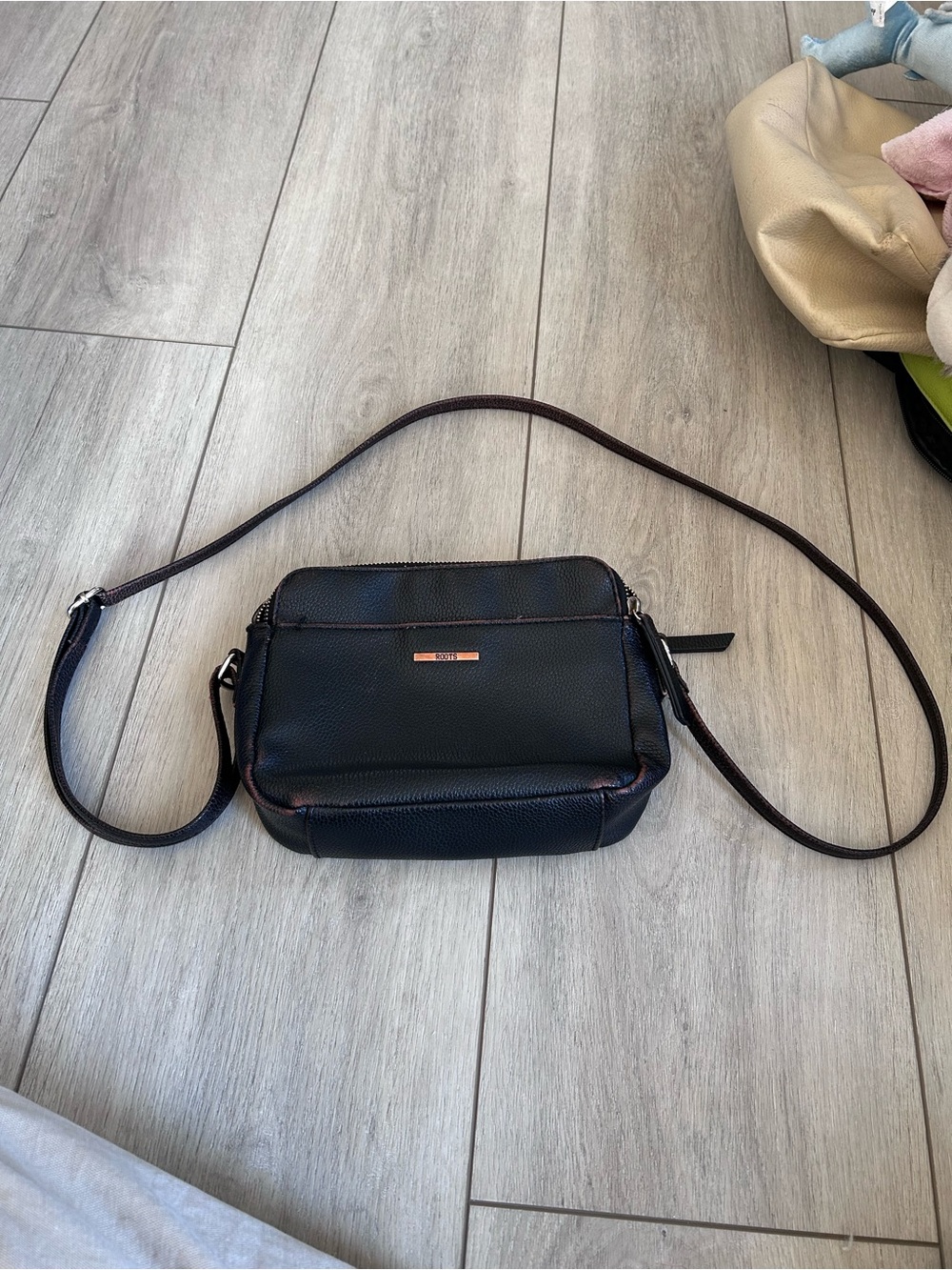 Roots Black Leather Crossbody Shoulder Bag Copper Distressed Rustic Minimalist
